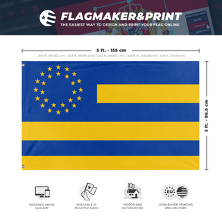 A mockup depicting custom flag specifications and measurements for 'European Union in the Style of America flag'