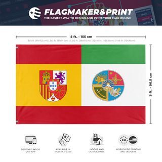 A mockup depicting custom flag specifications and measurements for 'Spanish-Persian Union flag'
