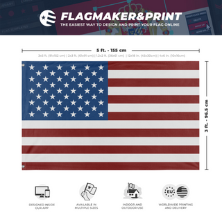 A mockup depicting custom flag specifications and measurements for 'United States flag'