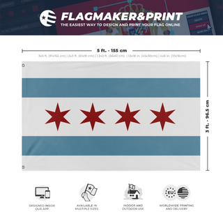 A mockup depicting custom flag specifications and measurements for 'chicago flag'