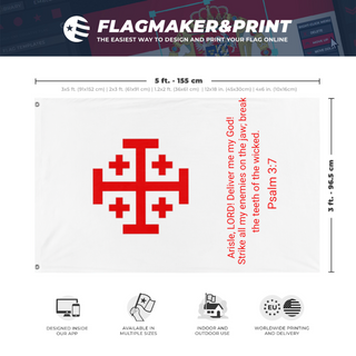 A mockup depicting custom flag specifications and measurements for 'Psalm 3:7 flag'