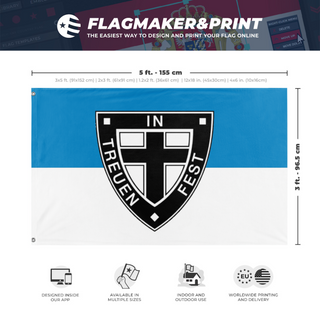 A mockup depicting custom flag specifications and measurements for 'riga baltic germans  flag'