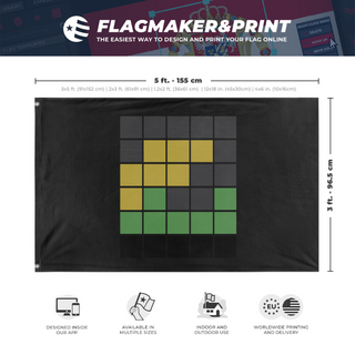 A mockup depicting custom flag specifications and measurements for 'IRDMWORDLE flag'