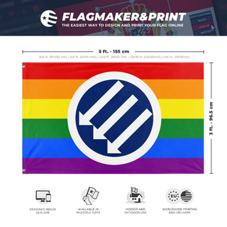 A mockup depicting custom flag specifications and measurements for 'Iron Front Pride flag'