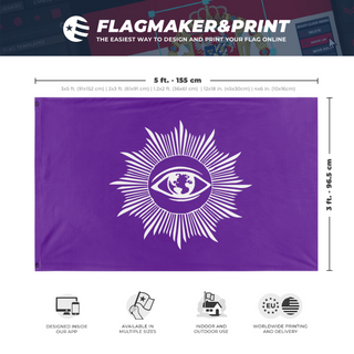 A mockup depicting custom flag specifications and measurements for 'The Eye in the Light flag'