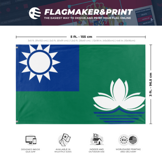 A mockup depicting custom flag specifications and measurements for 'Macau under the roc flag'