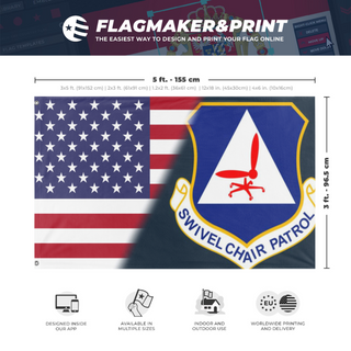 A mockup depicting custom flag specifications and measurements for 'US/CAP FLAG'