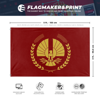 A mockup depicting custom flag specifications and measurements for 'Flag of the United Districts of Panem'