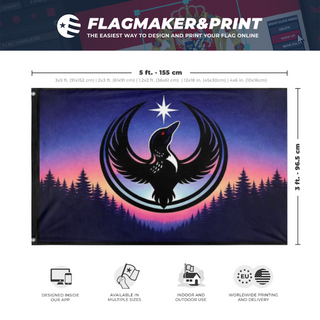 A mockup depicting custom flag specifications and measurements for 'Rebel Loon Northern Lights flag'