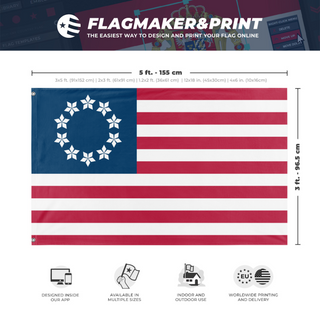 A mockup depicting custom flag specifications and measurements for 'Diamond-Spangled Banner V2 flag'
