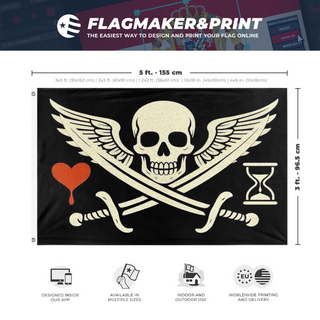 A mockup depicting custom flag specifications and measurements for 'pirate flag'