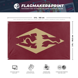 A mockup depicting custom flag specifications and measurements for 'Dragon Banner flag'