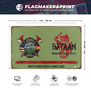 A mockup depicting custom flag specifications and measurements for 'FRFR Bataan flag'