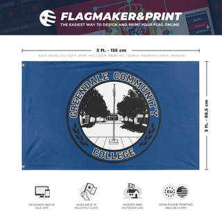 A mockup depicting custom flag specifications and measurements for 'Greendale Community College flag'