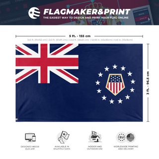 A mockup depicting custom flag specifications and measurements for 'Dominion of America flag'