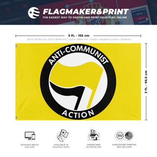 A mockup depicting custom flag specifications and measurements for 'Anticom personal use flag'