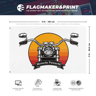 A mockup depicting custom flag specifications and measurements for 'Drapeau Motards Peinards flag'