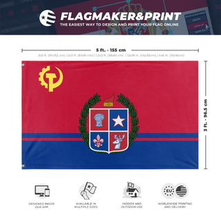 A mockup depicting custom flag specifications and measurements for 'Democratic Peoples Republic of Acadia flag'