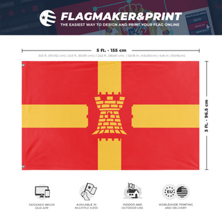 A mockup depicting custom flag specifications and measurements for 'Greater Manchester Redesign flag'