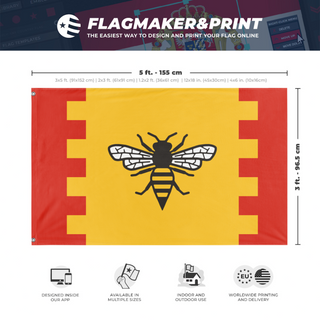 A mockup depicting custom flag specifications and measurements for 'City of Manchester flag'
