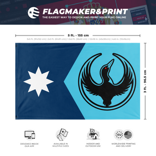 A mockup depicting custom flag specifications and measurements for 'MN State Loon Rebel Alliance flag'