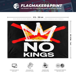 A mockup depicting custom flag specifications and measurements for 'NO KINGS flag'