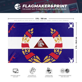 A mockup depicting custom flag specifications and measurements for 'Militar Forces Of Tricoslavy flag'