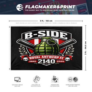 A mockup depicting custom flag specifications and measurements for 'b side flag'