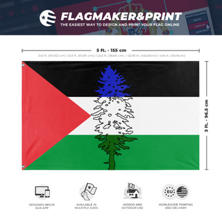 A mockup depicting custom flag specifications and measurements for 'Cascadia for Palestine'
