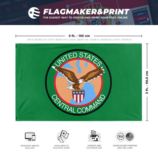 A mockup depicting custom flag specifications and measurements for 'United States Central Command flag'