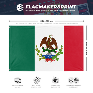 A mockup depicting custom flag specifications and measurements for 'mexican flag'