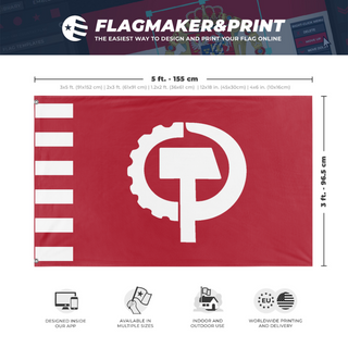 A mockup depicting custom flag specifications and measurements for 'communist american flag'