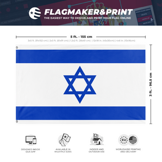 A mockup depicting custom flag specifications and measurements for 'Israel flag'