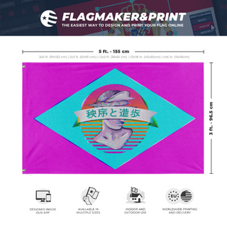A mockup depicting custom flag specifications and measurements for 'Vaporwave Brazil flag'