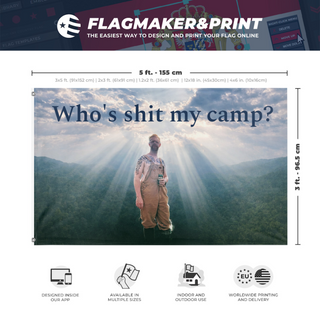 A mockup depicting custom flag specifications and measurements for 'whoshitmycamp flag'