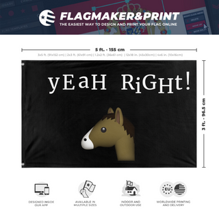 A mockup depicting custom flag specifications and measurements for 'YEAH RIGHT flag'