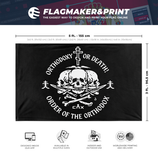 A mockup depicting custom flag specifications and measurements for 'eng Orthodox Banner Bearers flag'
