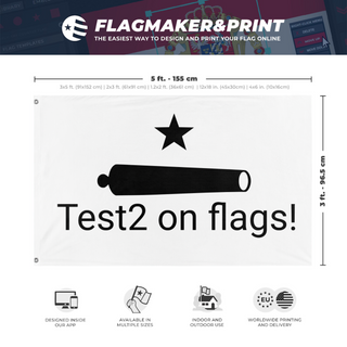 A mockup depicting custom flag specifications and measurements for 'test flag'