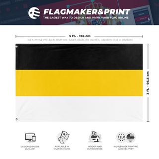 A mockup depicting custom flag specifications and measurements for 'Russian Empire 1858 flag'