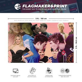 A mockup depicting custom flag specifications and measurements for 'Zoe's flag'