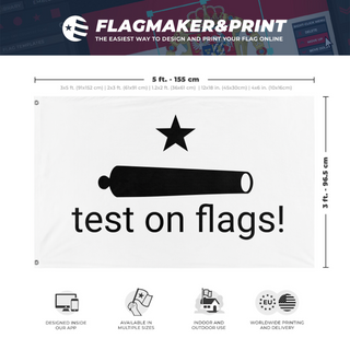 A mockup depicting custom flag specifications and measurements for 'test 2 flag'