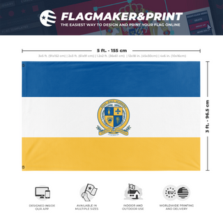 A mockup depicting custom flag specifications and measurements for 'Haas Hall Flag 2'