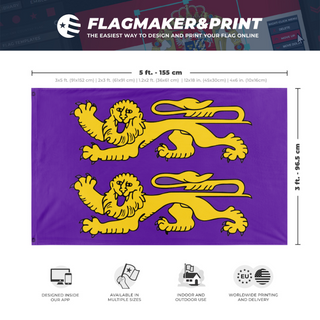A mockup depicting custom flag specifications and measurements for 'Two Lions on Purple flag'