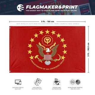A mockup depicting custom flag specifications and measurements for 'Communist Flag of the United States'