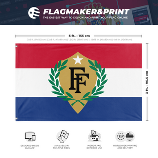 A mockup depicting custom flag specifications and measurements for 'Fun With Flags Official'