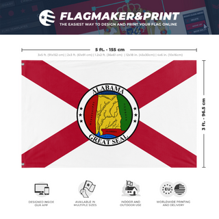 A mockup depicting custom flag specifications and measurements for 'Alabama Redesign flag'