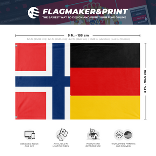 A mockup depicting custom flag specifications and measurements for 'German and Norwegian Heritage flag'