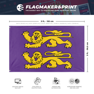 A mockup depicting custom flag specifications and measurements for 'Purple Lions of Normandy flag'