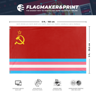 A mockup depicting custom flag specifications and measurements for 'Transgender SSR  flag'