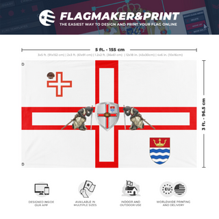 A mockup depicting custom flag specifications and measurements for 'City of London Chapel flag'